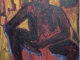 an oil painting of a man sitting on a chair in a room