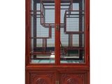 a wooden cabinet with a glass door and two doors