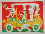 une image représentant un tableau sur lequel figure une voiture avec des personnes à bord