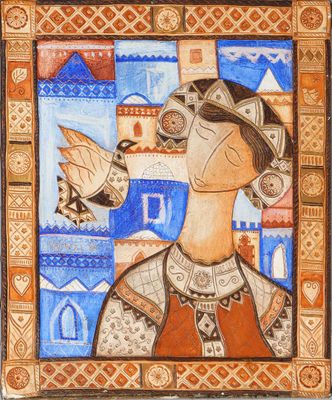an image of a painting of a woman with a bird in her hand