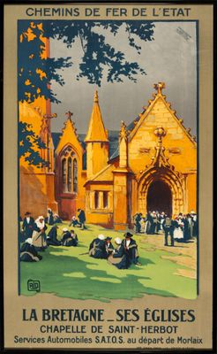 french travel poster of a church with people sitting in the grass