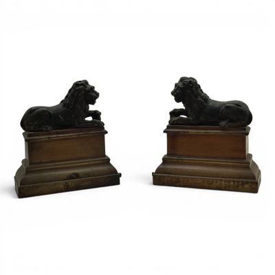 paire de serre-livres en bronze représentant des lions, sur des socles en bois