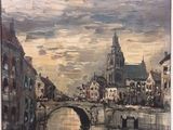 une peinture à l'huile représentant un pont sur une rivière avec des bâtiments à l'arrière-plan