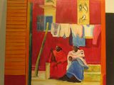 un tableau représentant une femme assise par terre devant un mur rouge