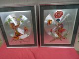 two framed pictures of a woman and a cat with flowers