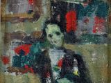 une peinture à l'huile représentant une femme assise sur une chaise, tenant une fleur rouge à la main
