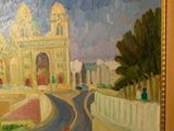 painting of a street in front of a large building with a clock tower