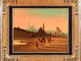 tableau représentant un paysage désertique avec des chameaux et une mosquée au loin