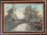 une peinture à l'huile représentant une scène fluviale avec un village en arrière-plan