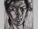 dessin représentant le visage d'une femme dans une image en noir et blanc