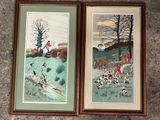trois tableaux asiatiques encadrés représentant des oiseaux et des fleurs, accrochés au mur