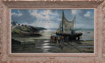 une image d'un tableau représentant un bateau sur la plage