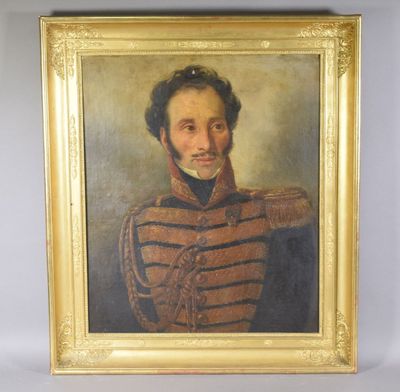 an oil painting of a man in a military uniform in a gold frame