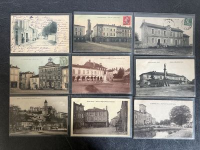 several old postcards of old buildings and buildings on a black surface