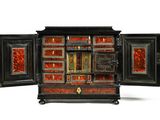 a black and red cabinet with two doors open