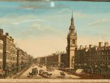 a painting of a city street with a clock tower in the background