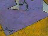 purple and yellow painting of a man with a knife and a piece of paper