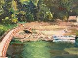 a painting of a bridge over a body of water