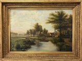 une peinture à l'huile représentant une scène champêtre avec une rivière et des maisons