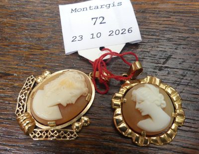 deux broches plaquées or ornées de camées représentant une femme et un homme