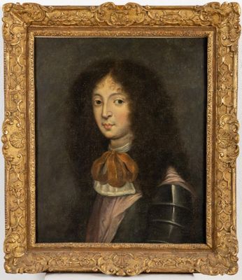 a painting of a man in a black coat with a red collar