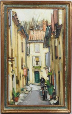 une peinture à l'huile représentant une scène de rue avec une personne sur un scooter