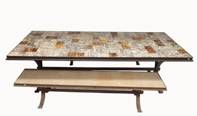 a table with a bench underneath it on a white background