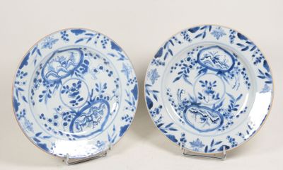une paire d'assiettes bleues et blanches ornées d'oiseaux et de fleurs