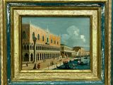 tableau représentant une vue d'un canal avec des gondoles et des bâtiments