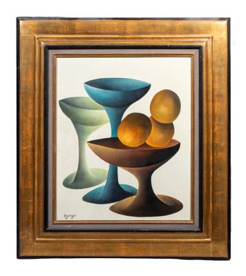 tableau représentant trois bols et trois oranges dans un cadre doré