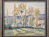 une peinture à l'huile représentant des arbres dans un champ, avec une maison en arrière-plan