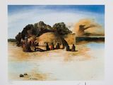 painting of a group of people on a beach with a boat in the water