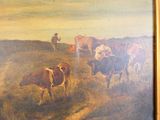 un tableau représentant des vaches dans un champ, avec un homme à l'arrière-plan