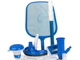 a blue and white cleaning kit with a blue brush and a blue bag