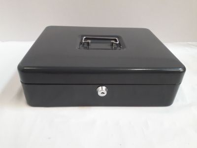 a black metal box with a lock on top of it