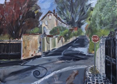 a painting of a street with a stop sign on it
