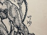 drawing of a woman sitting on a stool with her legs crossed