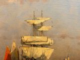 painting of a boat in the water with a man in a canoe