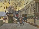 un tableau représentant des personnes marchant sur le trottoir sous la pluie