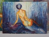 three paintings of a woman sitting on a bed in front of a blue curtain