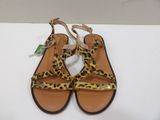 a pair of leopard print sandals on a white surface