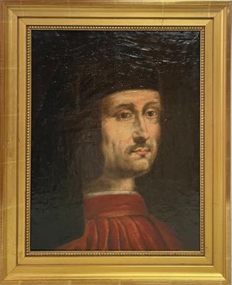 portrait d'un homme vêtu d'une robe rouge et d'un chapeau noir