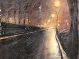 une peinture à l'huile représentant une rue sombre la nuit, éclairée par un lampadaire