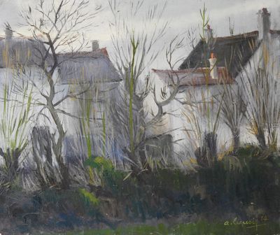 a painting of a white house with trees in the foreground