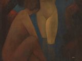 un tableau représentant deux nus assis par terre près d'un arbre