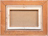 an old picture frame with a brown background and a white border