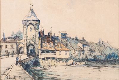 drawing of a view of a town with a clock tower in the background
