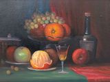 un tableau représentant une corbeille de fruits et un verre de vin