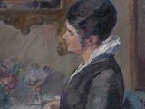 a painting of a woman sitting at a table