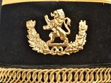 a black hat with gold trim and a lion on it